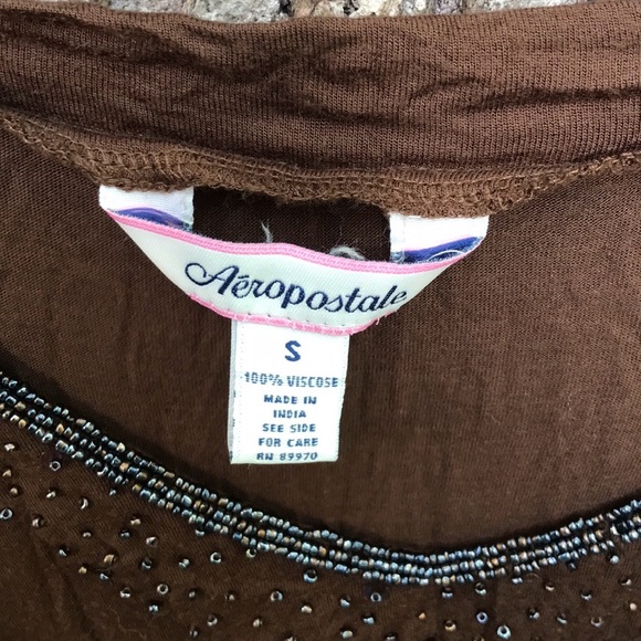 Aeropostale Brown V-Neck Long Sleeves Sheer Tee Beaded Neckline Viscose Size S - Picture 3 of 10